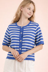 Striped Button Down Short Sleeve Sweater
