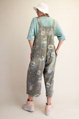 Olive Flower Printed Washed Denim Overalls