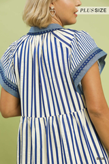 Curvy Blue Striped Scallop Trim Collar Dress