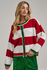 Red and Ivory Wide Stripe Green Contrast Cardigan