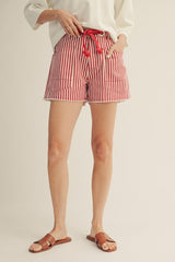 Red Striped Braided Belt Shorts