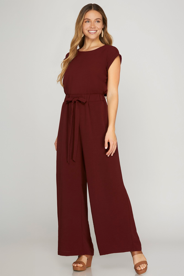 Cap Sleeve Elastic Waist Front Tie Jumpsuit