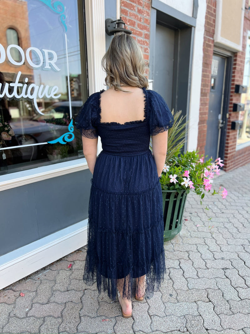 Tulle Layered Midi Dress With Short Sleeves