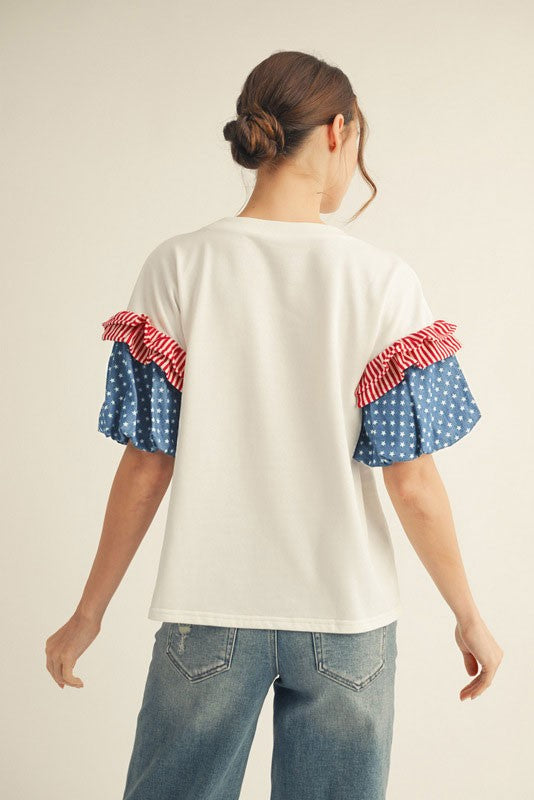 White Patriotic Puff Sleeve Top