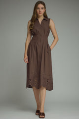 Brown Midi Dress With Embroidered Hem