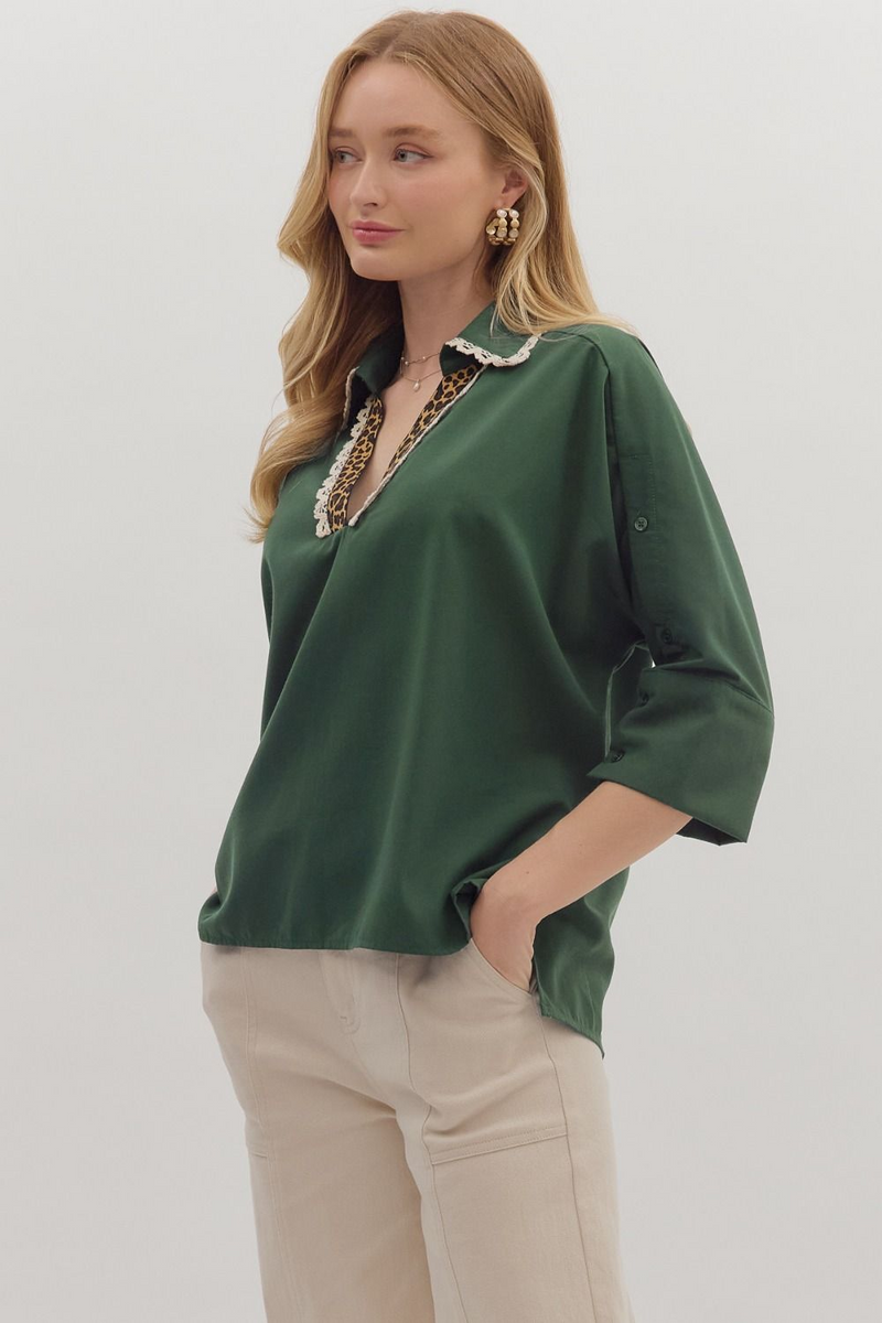 Green Leopard and Lace Collared Shirt