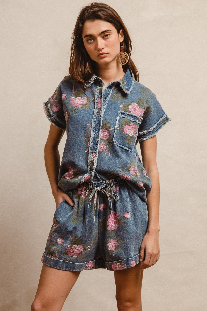 Floral Printed Denim Shorts with Drawstring and Pocket