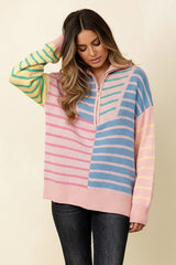 Stripe Colorblock Half Zip Sweater