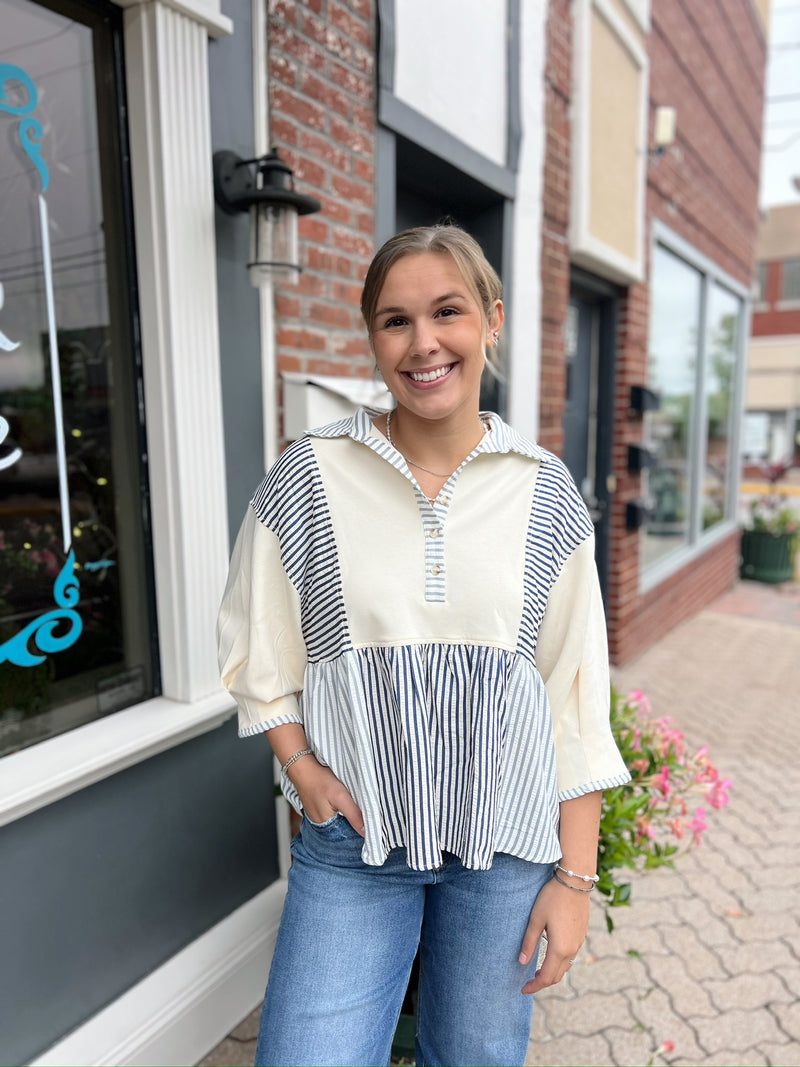 Cream and Navy Mixed Striped Top