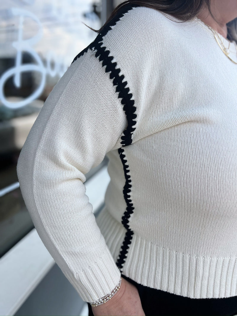 Cream Sweater With Black Outstitched Trim