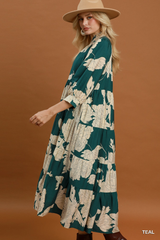 Teal Floral Printed Midi Dress