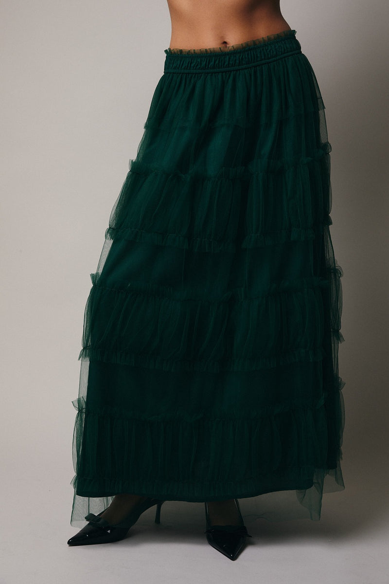 Hunter Green Frilled Tiered Mesh A-Line Midi Skirt