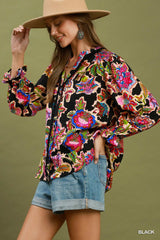 Black Floral Ruffle Detail Button Down Top