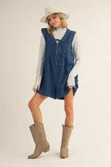 Denim Pleated Wide Leg Tied Romper