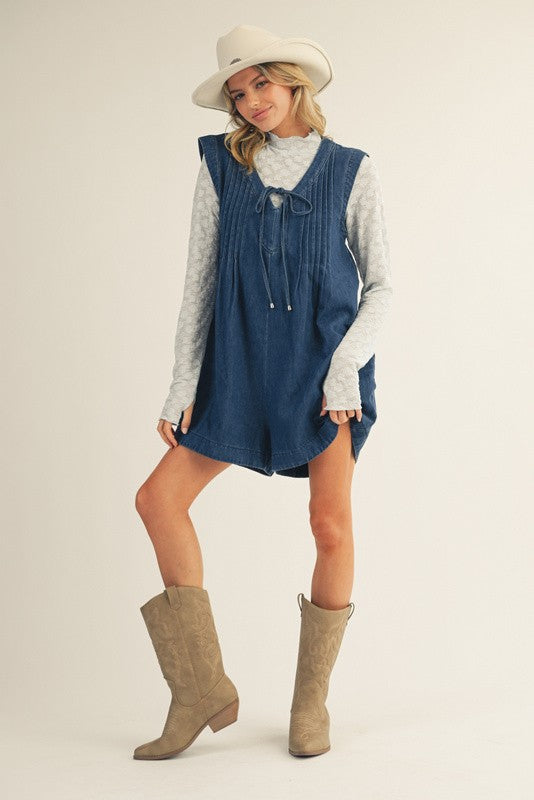 Denim Pleated Wide Leg Tied Romper