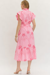 Pink Embroidered Palm Belted Midi Dress