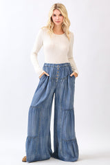 Chambray Tiered Flare Pants With Button Details