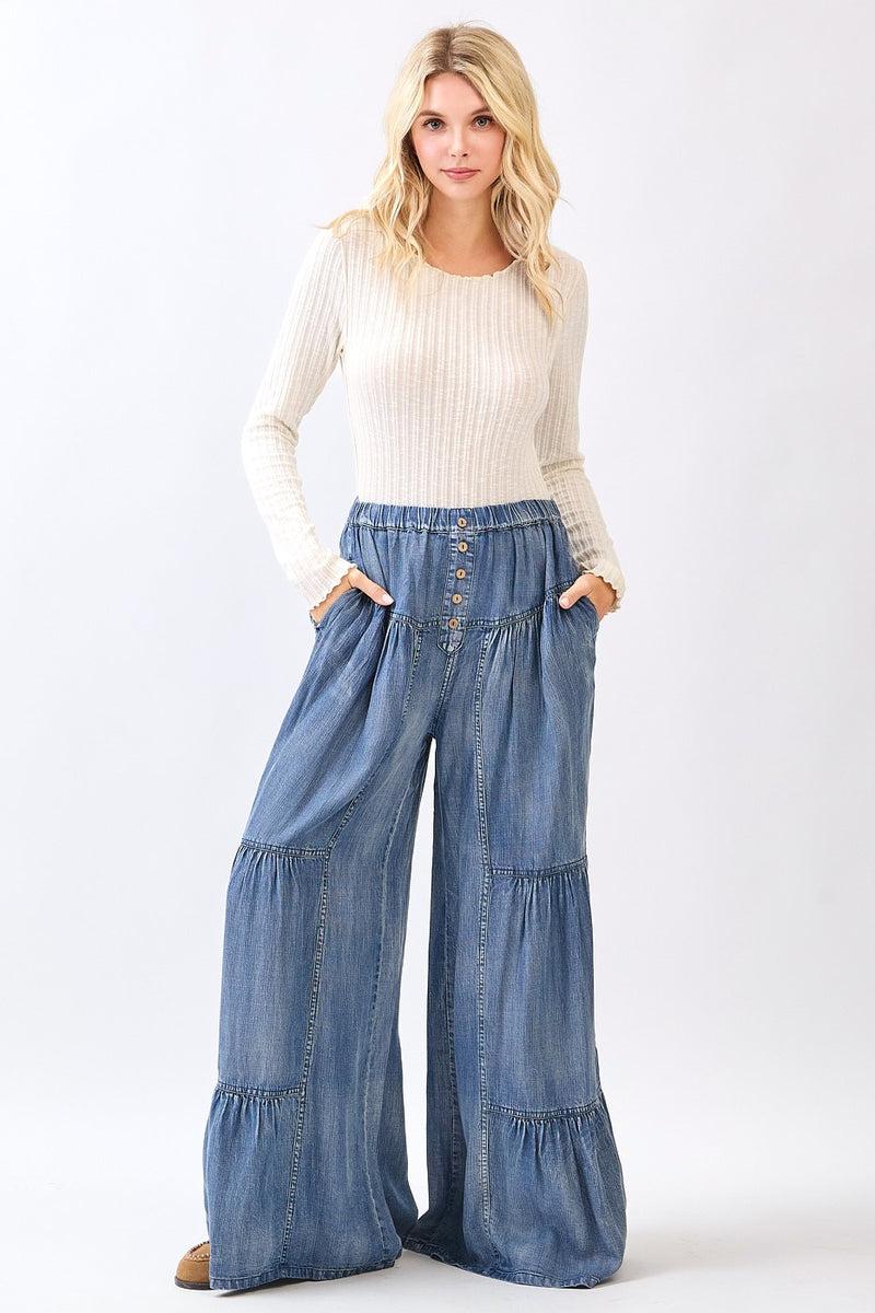 Chambray Tiered Flare Pants With Button Details