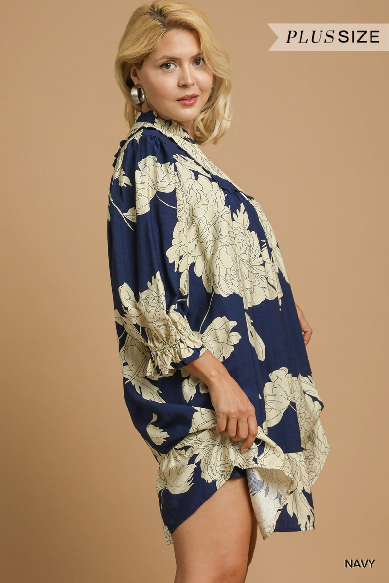 Curvy Navy Floral Tiered Babydoll Dress
