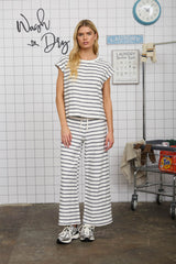Navy and White Stripe Drawstring  Wide Leg Pant