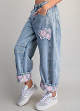 Denim Floral Patch Barrel Jeans