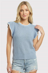 Blanket Stitched Edges Crew Neck Ruffle Sleeve Sweater