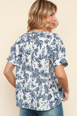 Curvy White and Blue Floral Printed Top with Puff Sleeves
