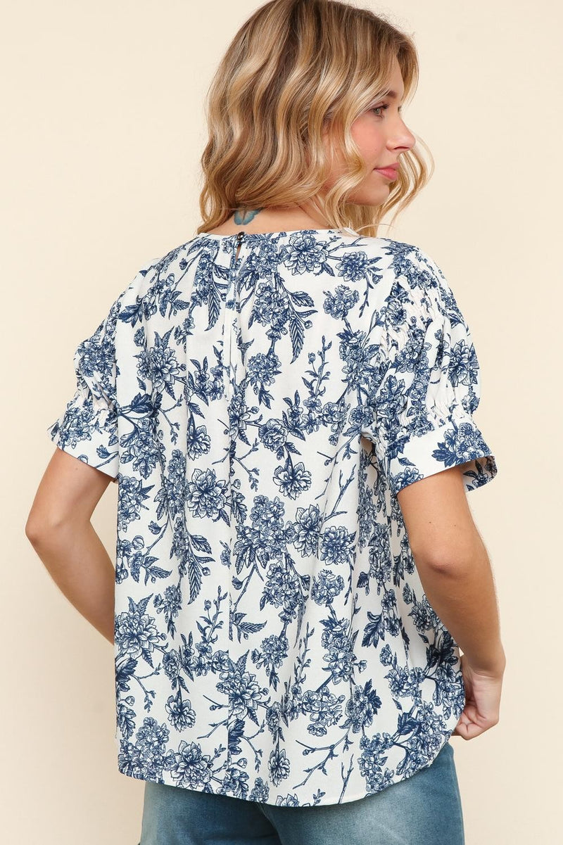 Curvy White and Blue Floral Printed Top with Puff Sleeves