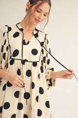 Cream 3/4 Sleeve Polka Dot Dress