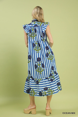 Blue Floral Striped Midi Dress