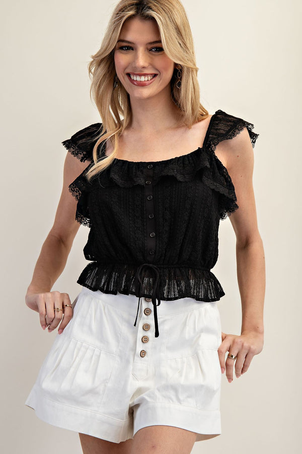 Black Ruffled Lace Sleeveless Top