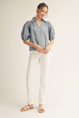 Denim Short Puff Sleeves Button Down Top