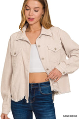 Sand Beige Distressed Frayed Hem Cropped Jacket