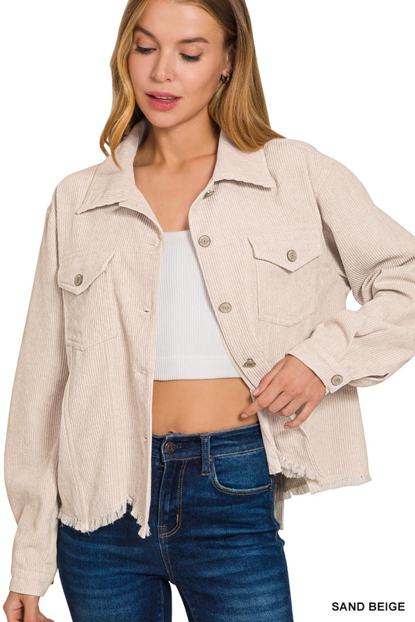 Sand Beige Distressed Frayed Hem Cropped Jacket