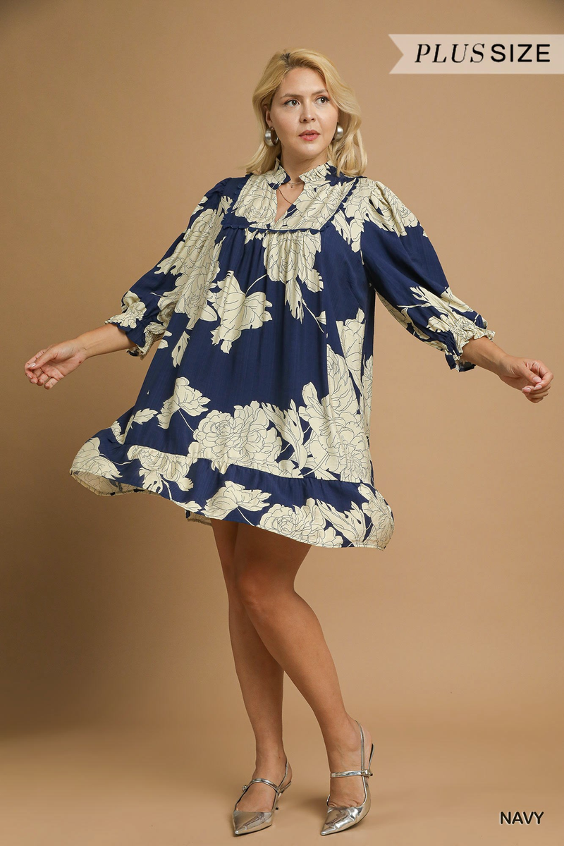 Curvy Navy Floral Tiered Babydoll Dress