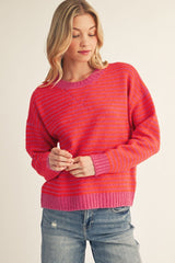 Hot Pink Stripe V Stitch Sweater