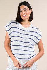 White Short Sleeve Sweater with Blue Stripes