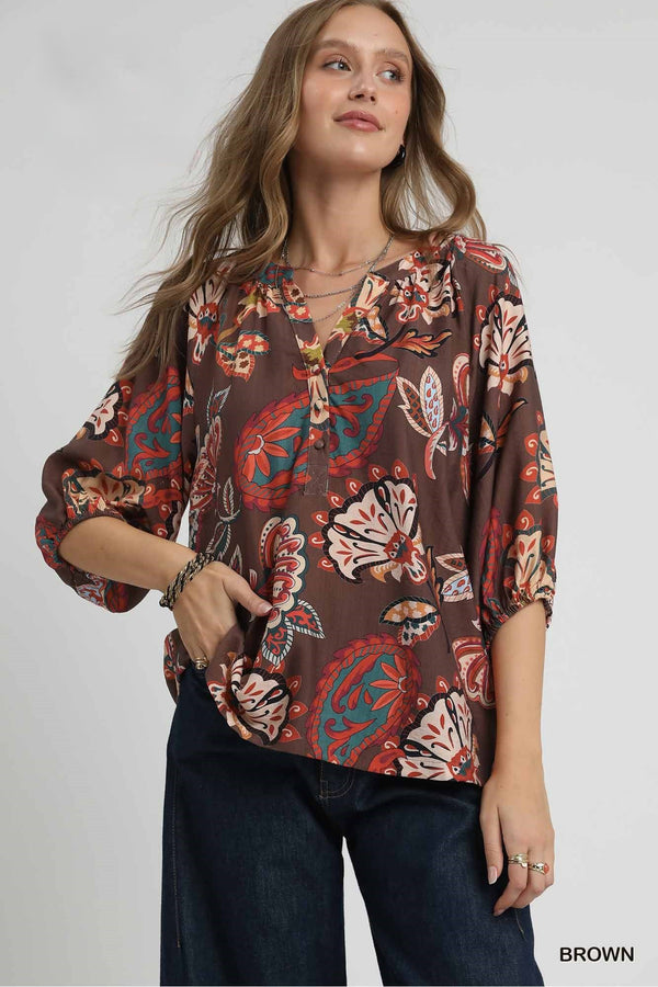 Boho Paisley Puff Sleeve Blouse