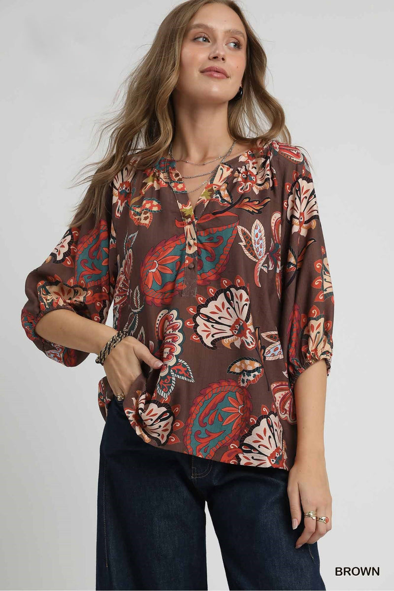 Boho Paisley Puff Sleeve Blouse