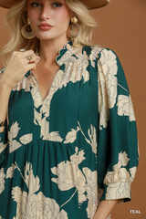 Teal Floral Printed Midi Dress