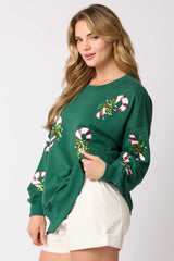 Hunter Green Pullover With Sequin Candycanes