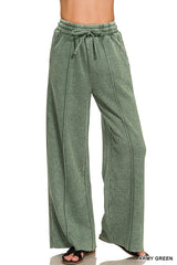 Acid Wash Fleece Pintuck Wide Leg Pants