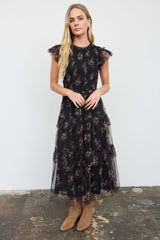 Black Floral Ruffle Tiered Midi Dress