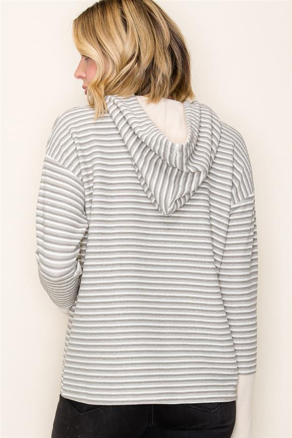 Sage Half Button Cuffed Sleeve Striped Top