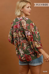 Curvy Olive Paisley Print Split Neck Top
