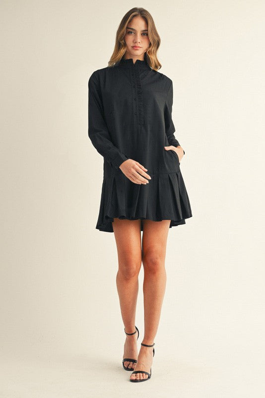 Black Pleated Hem Solid Shift Dress