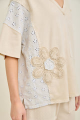 Beige Patchwork and Floral Applique Top