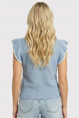 Blanket Stitched Edges Crew Neck Ruffle Sleeve Sweater