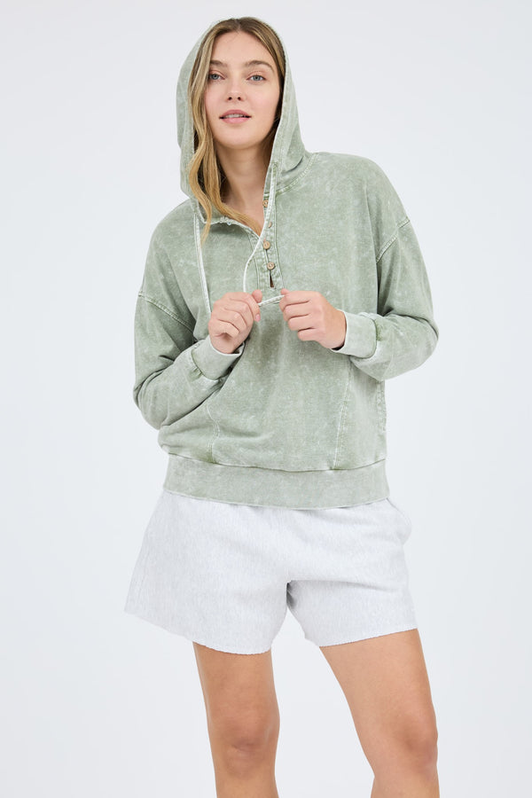 Washed Button down Knit Hoodie with Pockets