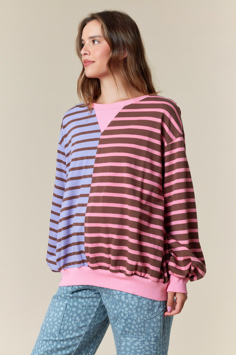 Purple Mix Half and Half Striped Sweatshirt
